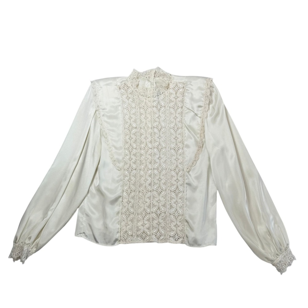 Vintage Satin Sheer Lace Victorian Top M Ivory Lace Mock Neck Prairie Romantic - Picture 5 of 10